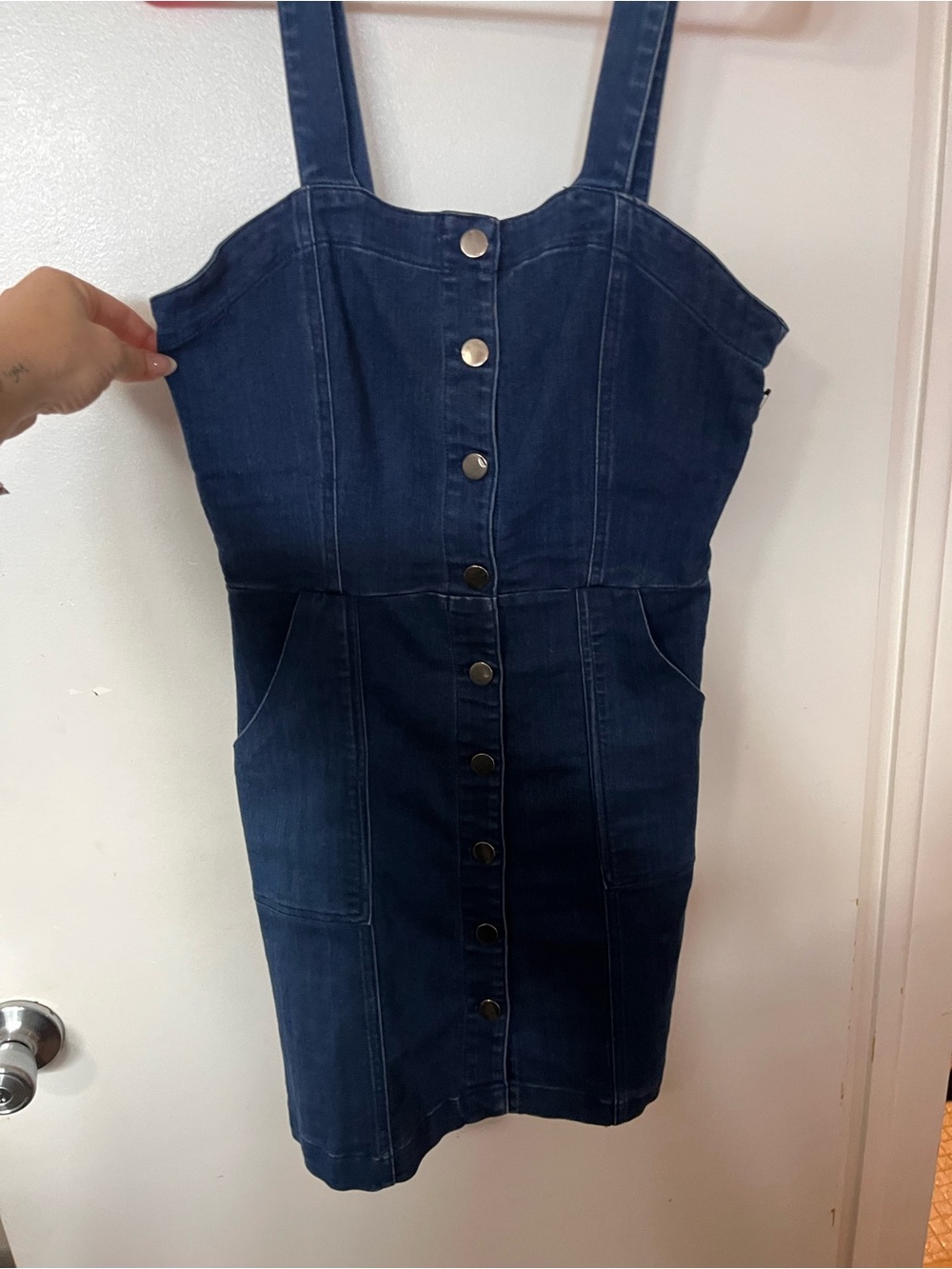 iris Dark Blue Denim Button-Through Overall Dress
